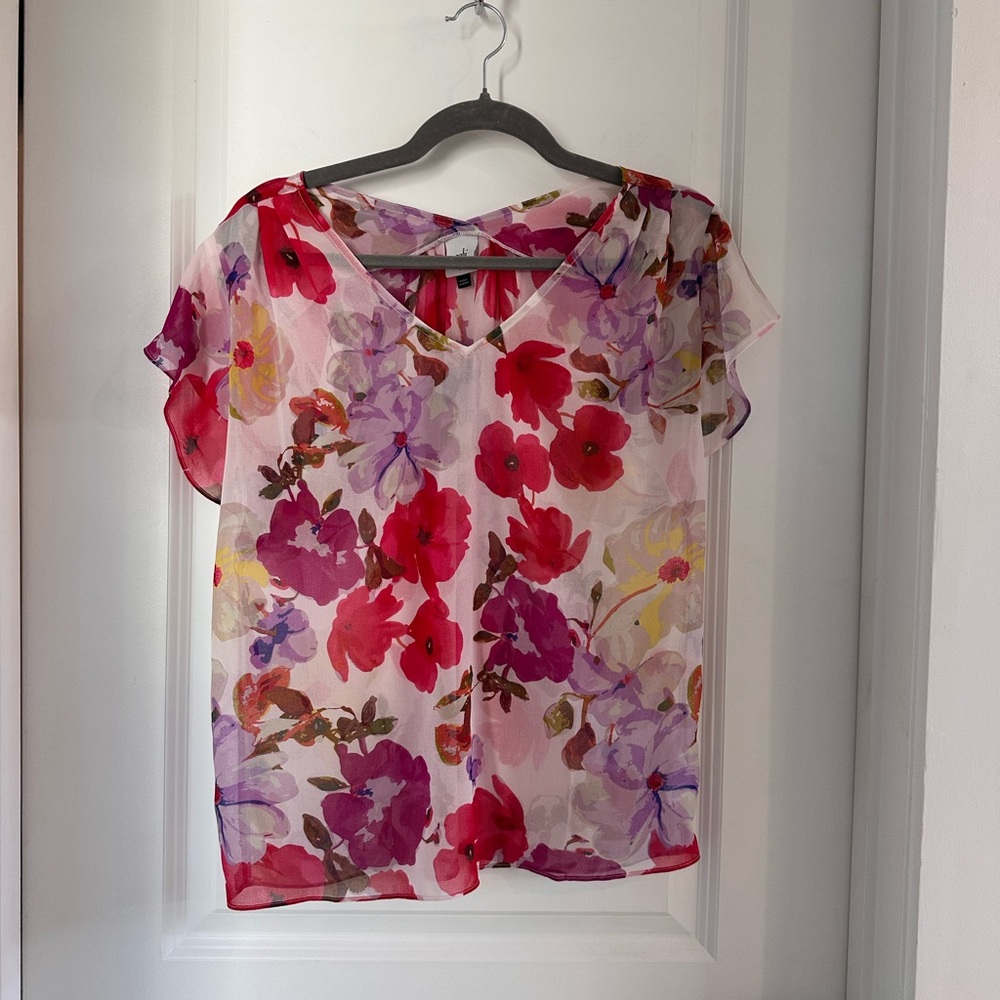 CAbi Floral Sheer V-Neck Blouse - Pink, Red, Purple